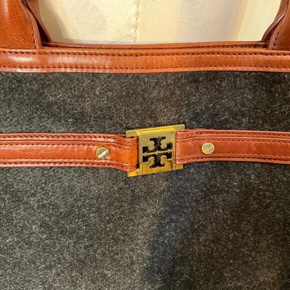 TORY BURCH charcoal grey Wool and brown Leather Tote & Shoulder Bag EUC - Picture 3 of 4